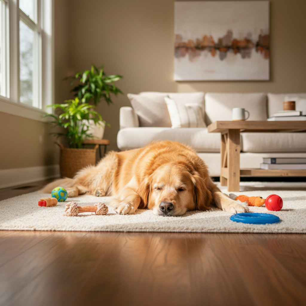 温馨的客厅里，一只金毛寻回犬懒洋洋地趴在阳光下的地毯上，身旁散落着几个咬胶和玩具
