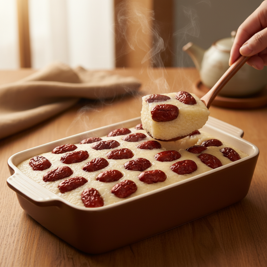 刚刚出锅的奶香糯米糕盛在长方形容器里，表面铺满了红润的枣肉，升腾起阵阵温润的水汽