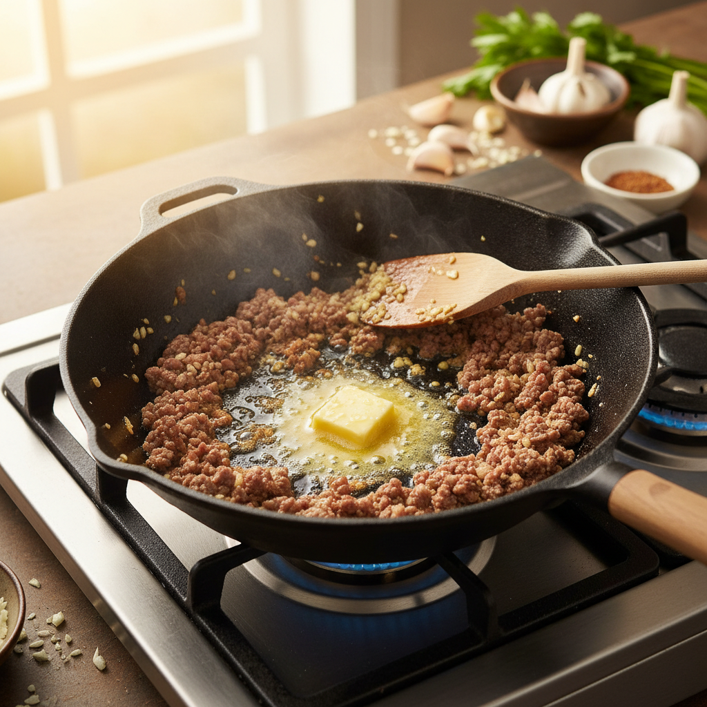 炒锅中黄油正在融化，大蒜末和肉末在锅中滋滋作响，散发出诱人的油脂香气